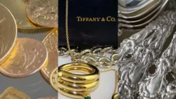 Collage of gold coins, Tiffany & Co. jewelry, and ornate silver flatware items accepted for buying.