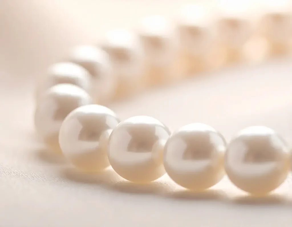 Macro close-up of lustrous white pearls in a necklace, highlighting soft sheen and smooth surface detail.