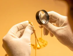 Jeweler’s hands examining a gold necklace with a magnifying loupe under warm light at Design One Jewelers in Clearwater.