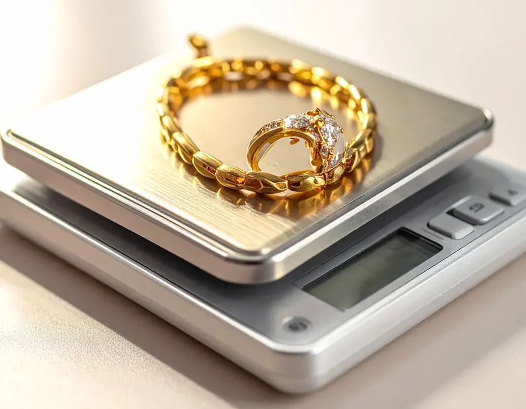 A jeweler at Design One Jewelers in Clearwater carefully inspects a gold necklace under warm diffused light, symbolizing the trusted expertise behind our gold buying and evaluation process.