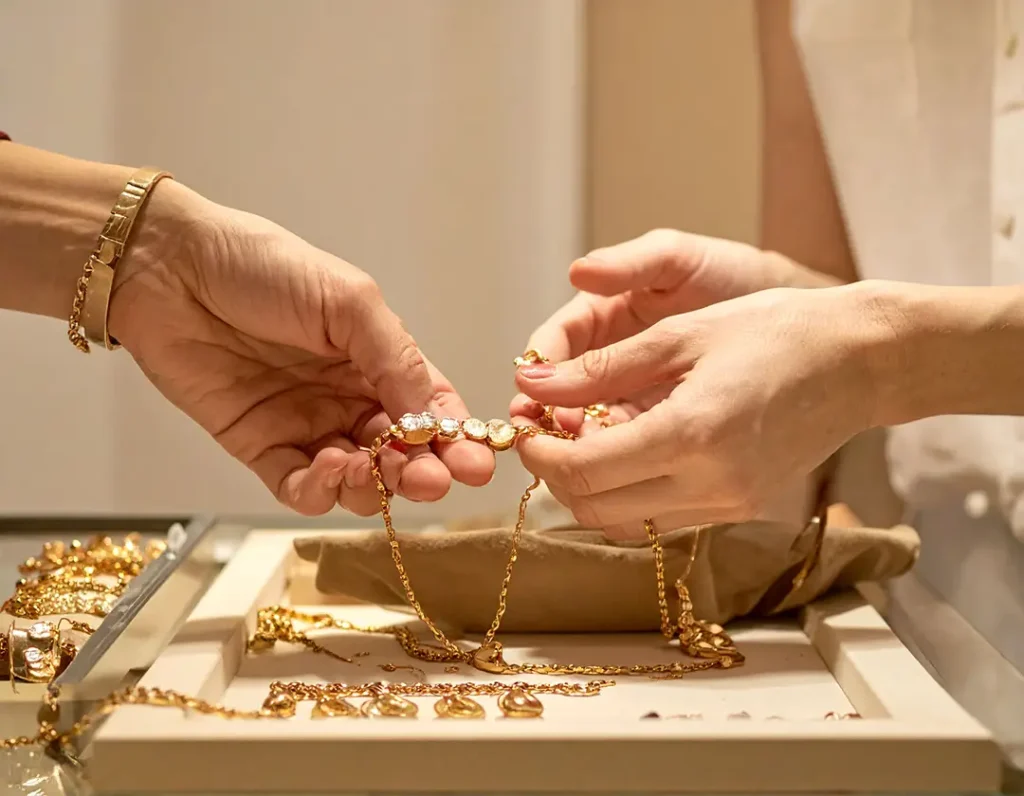 Customer and jeweler examining gold jewelry together on a counter