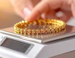 Jeweler weighing gold jewelry on precision scale at Design One Jewelers in Clearwater