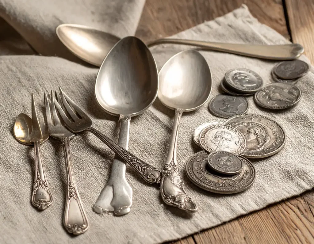 Assorted sterling silver flatware and antique silver coins arranged neatly on a linen cloth with warm natural lighting.