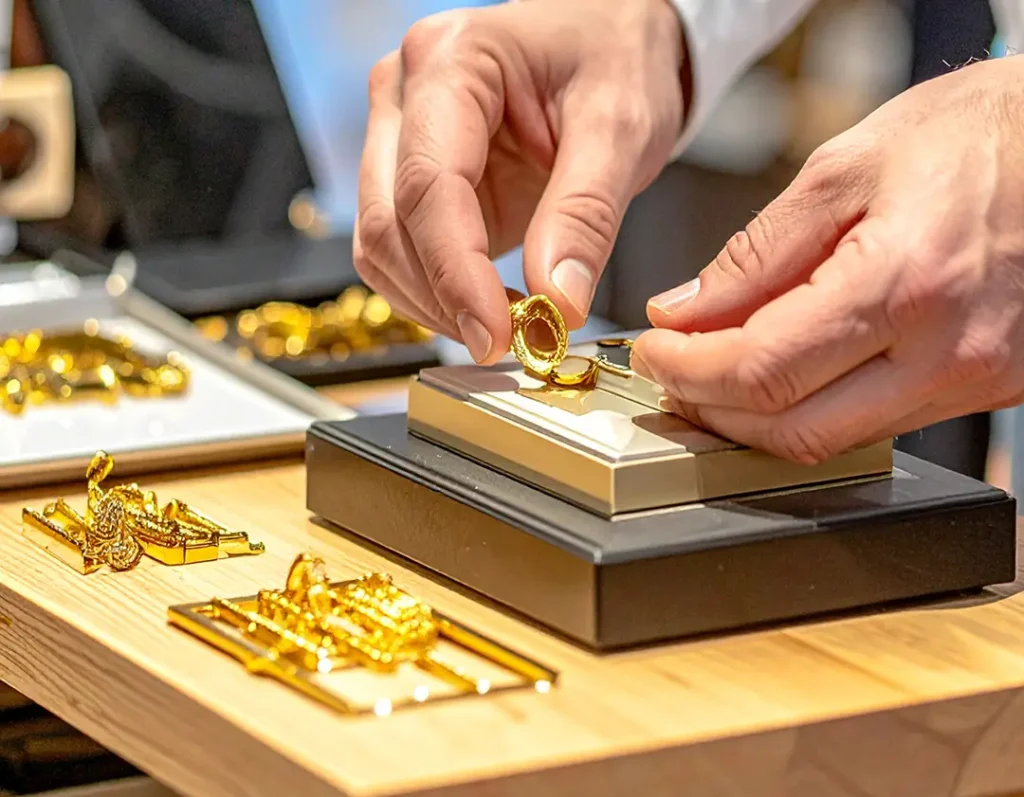Jeweler weighing gold jewelry on a precision scale in Clearwater store