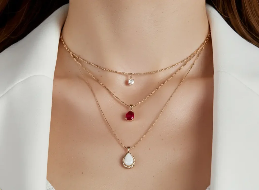 Layered gold necklaces with gemstone pendants in ruby, pearl, and diamond styles on model wearing white blouse.