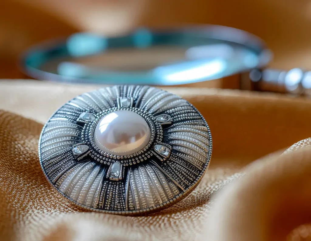 Close-up of an antique Art Deco brooch with pearl centerpiece and filigree detailing on soft fabric background.