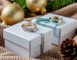 Holiday jewelry gifts displayed in elegant boxes with gold and gemstone rings, festive background and warm lighting.